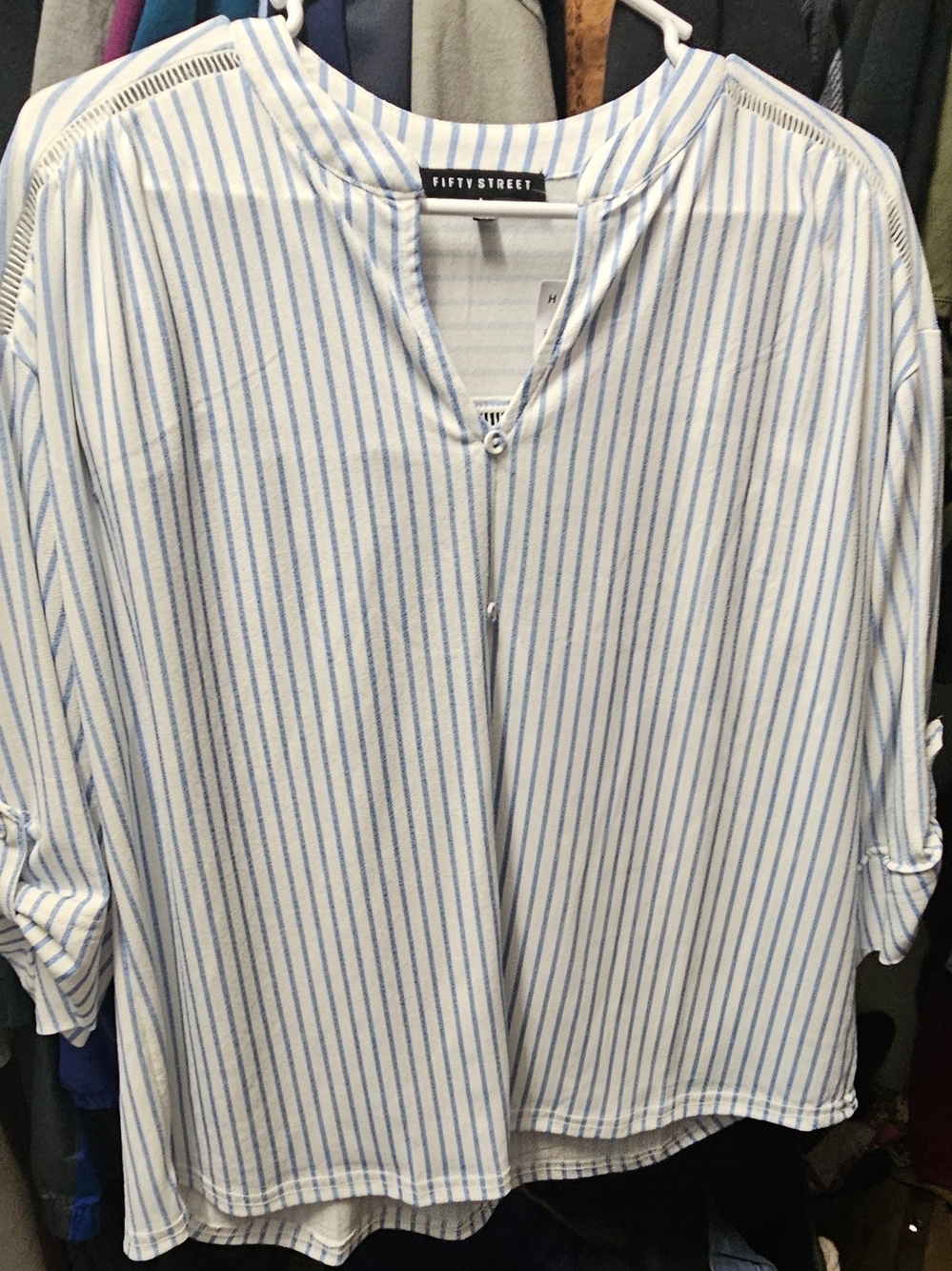 White and Blue Stripe V-Neck Blouse Top Women's - Size M - NWT